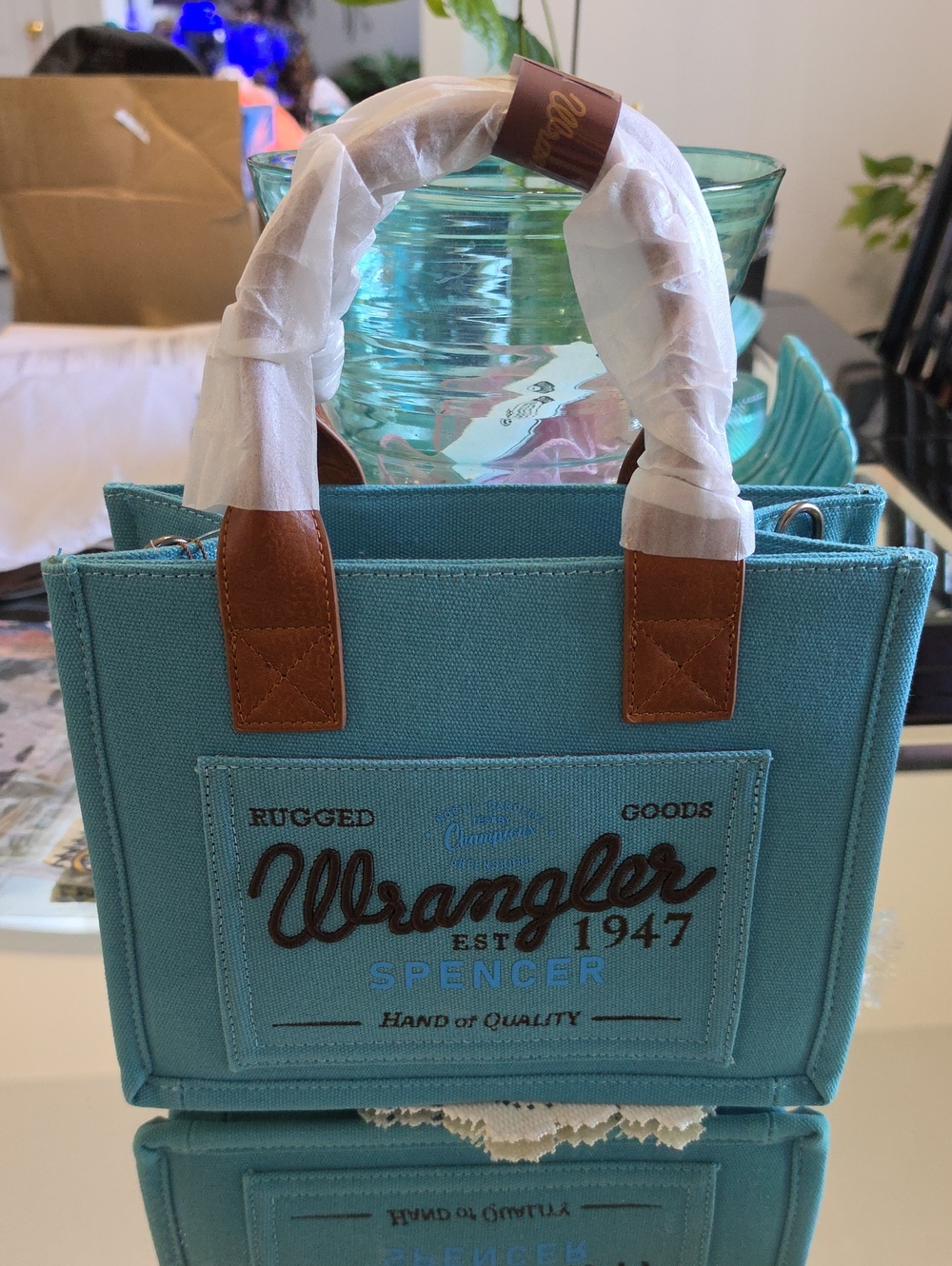 Wrangler Est 1947 Teal Canvas Tote /Crossbodt with Brown Accents